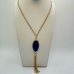 Premier Designs Gold Tone Green Stone Tassel Necklace Long Reversible Statement